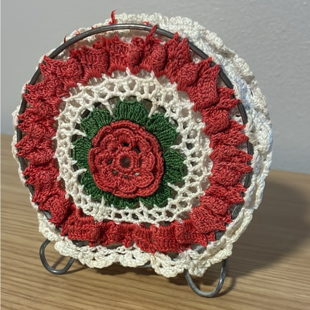 Handcrafted vintage Red and Green Crochet napkin holder